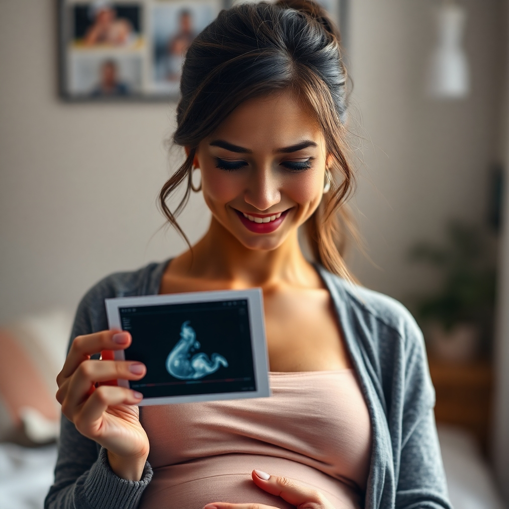 A photorealistic image of a pregnant woman, her face showing a mix of happiness, worry, and excitement, holding a sonogram picture. Soft lighting, warm color palette, focus on her emotional expression.  Background blurred, suggesting a cozy and supportive environment.