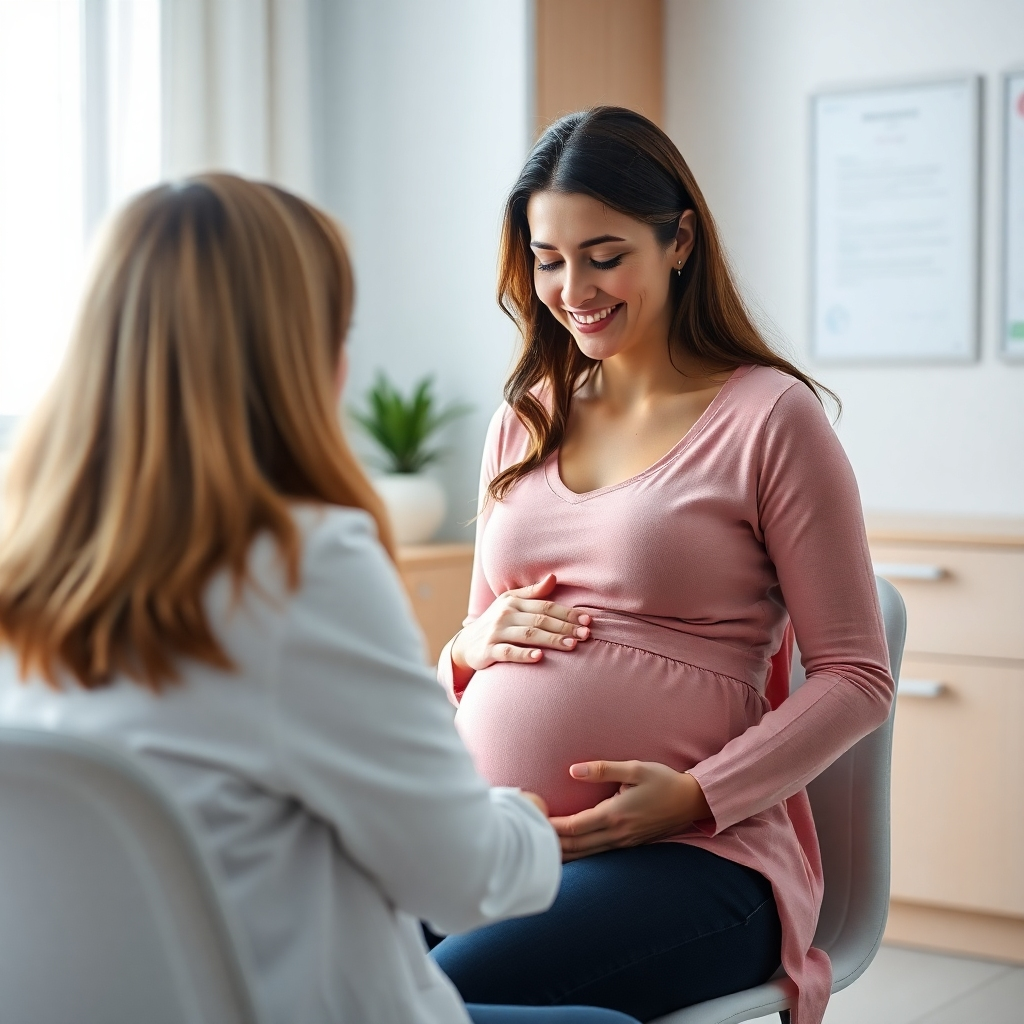 A photorealistic image of a pregnant woman sitting across from a doctor during a prenatal checkup. The setting is a bright, clean doctor's office, showcasing a friendly and reassuring atmosphere. The doctor is smiling gently, with hands gently resting on the pregnant woman’s belly. Focus on the positive interaction.