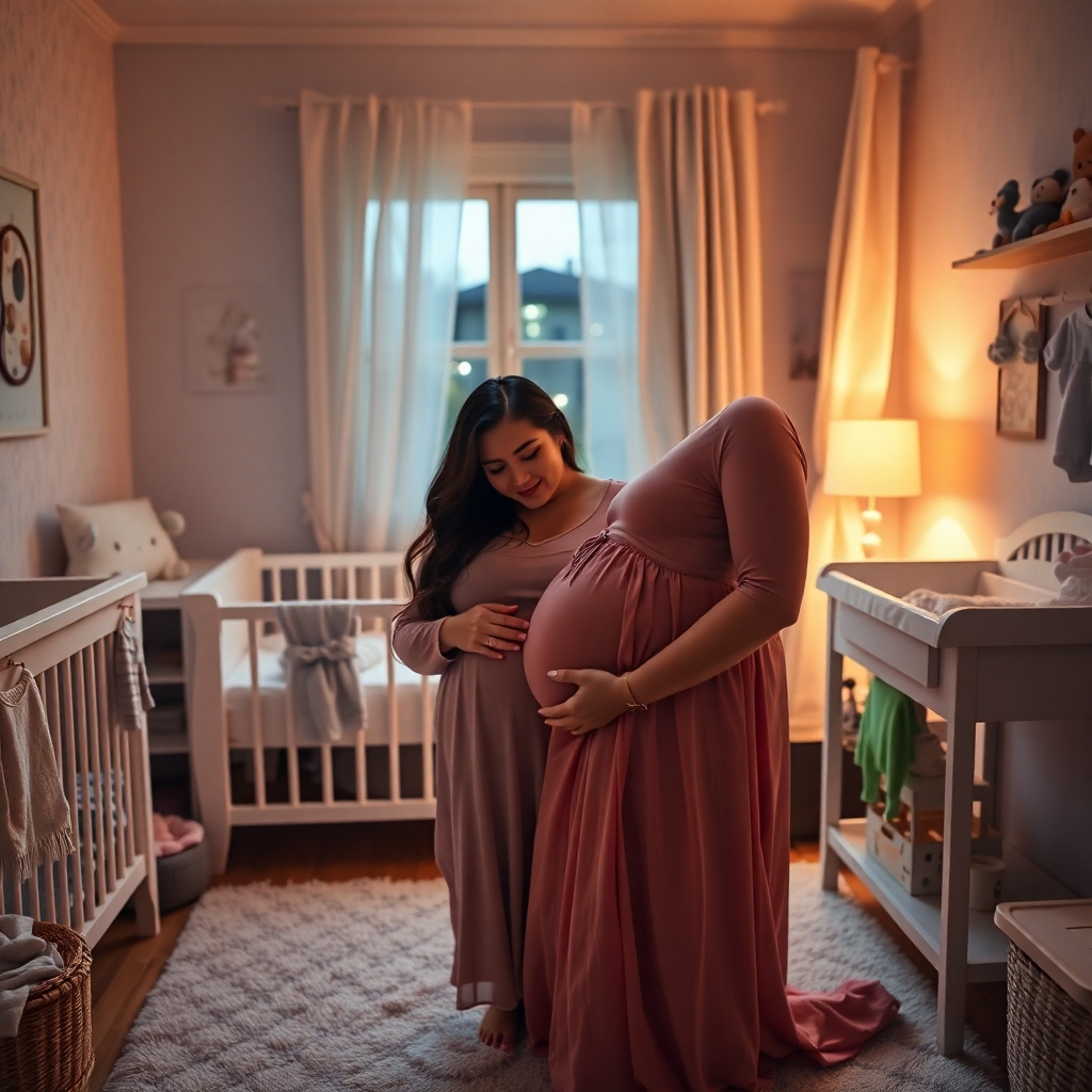 A photorealistic image of a pregnant woman with her partner in their cozy nursery, surrounded by baby items such as a crib, changing table, and baby clothes. The image should exude a feeling of warmth, love, anticipation, and excitement for their baby's arrival. It should be set at night with warm lighting.