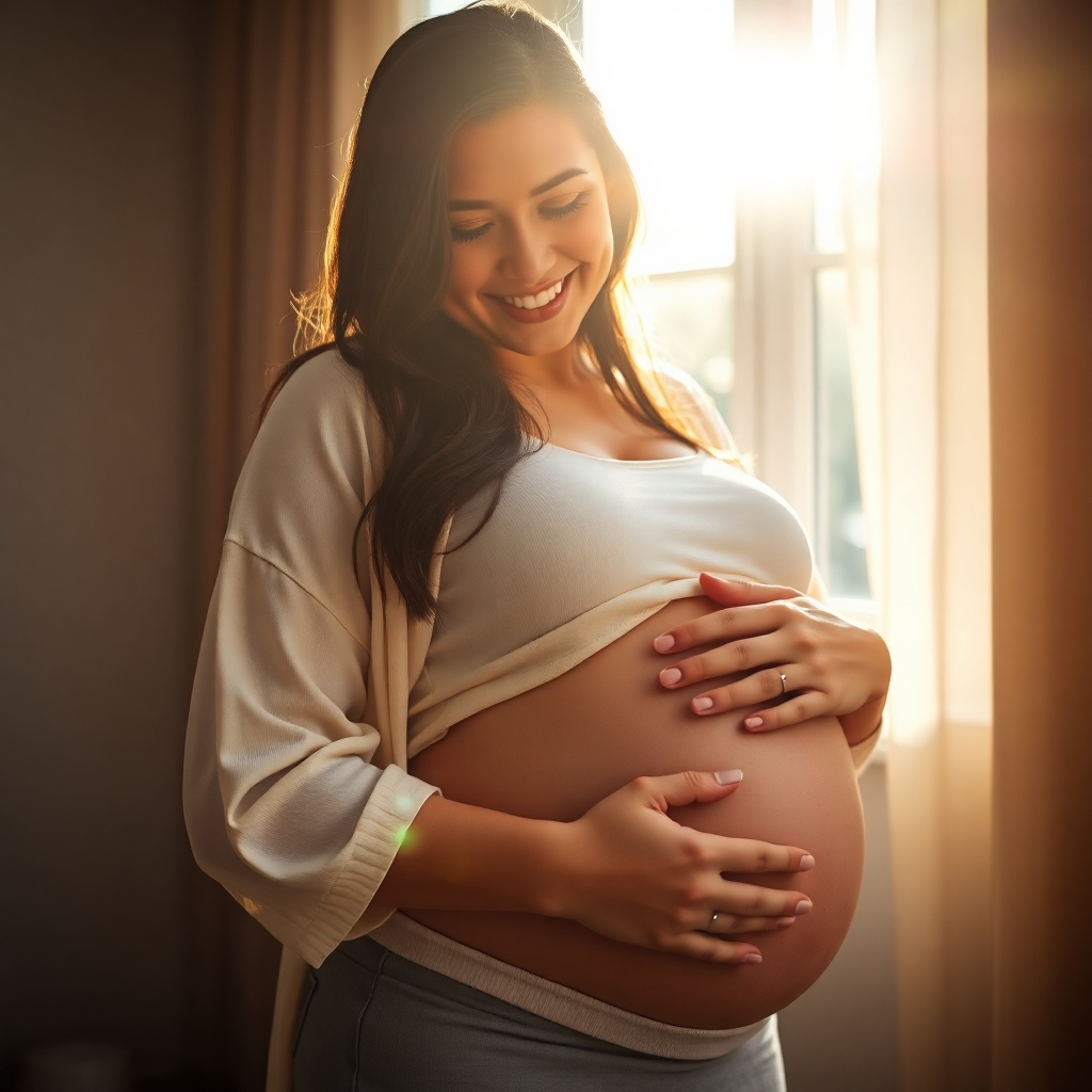 A photorealistic image of a pregnant woman with a gentle smile, embracing her belly, sunlight streaming through a window, conveying feelings of joy, peace, and slight anxiety.  High-detail, soft lighting, shallow depth of field.