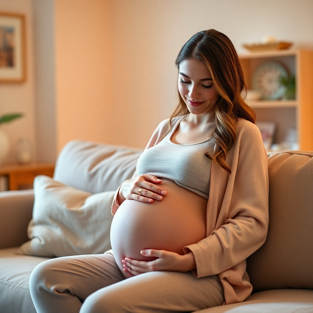 A photorealistic image of a pregnant woman, around 12 weeks, sitting on a comfy couch, looking lovingly at her baby bump while experiencing morning sickness, with a soft, warm, and comforting overall lighting. The background should be a soft, pastel-colored living room.