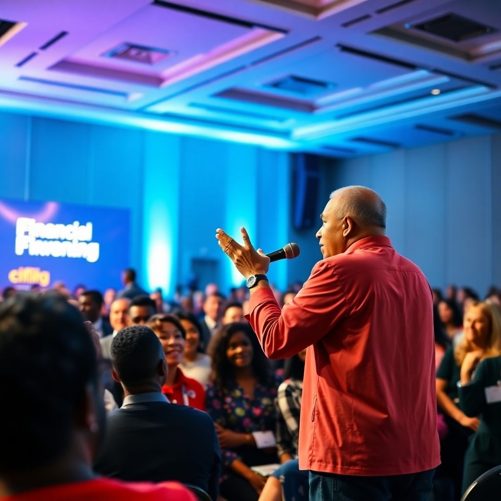 A photorealistic image of a speaker passionately addressing a diverse audience, delivering an impactful message on financial empowerment. The image should capture the energy and enthusiasm of the event. The color palette should be vibrant and engaging. The lighting should highlight the speaker and the audience's engagement. The camera angle should capture the overall atmosphere of the event.