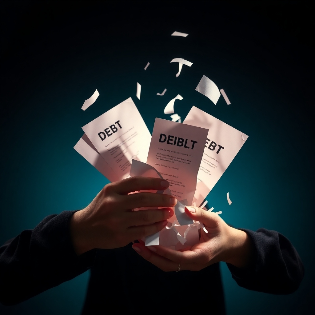 An image depicting a person symbolically shredding documents representing debt. The image should convey a sense of liberation and relief. The color palette should be contrasting, with darker colors representing the debt being destroyed and brighter colors representing the newfound freedom. The lighting should be dramatic, adding to the emotional impact. The style could be realistic or slightly stylized to enhance the symbolic nature of the image.