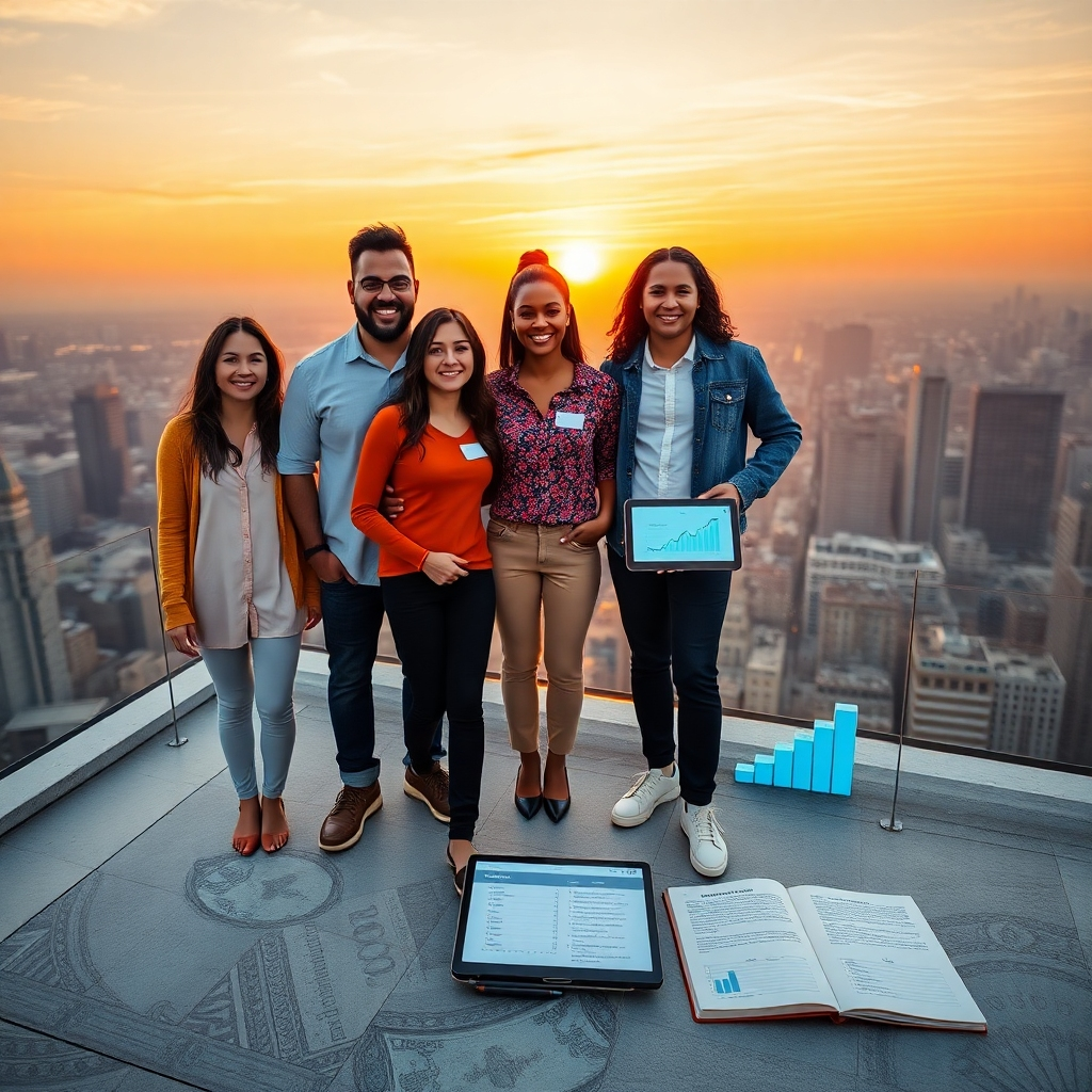 Create a photorealistic, ultra-high-quality 8K resolution image for Capitaledge.  The image should depict a diverse group of people, perhaps 3-5 individuals, of varying ages and ethnicities, standing confidently on a rooftop overlooking a vibrant cityscape at sunset.  The composition should be balanced, with the group positioned slightly off-center, leaving room for text overlay.  The lighting should be warm and inviting, capturing the golden hour glow. The color palette should consist of rich oranges, soft yellows, and deep blues, reflecting a sense of hope and optimism. The camera angle should be slightly elevated, looking down on the subjects, creating a feeling of empowerment.  The textures should be sharp and detailed, with visible textures in the clothing, the city skyline, and the subtle roughness of the rooftop surface. The environment should be clean and modern, representing a successful and aspirational future. Relevant props might include a tablet displaying a financial chart indicating positive growth or open notebooks with inspirational notes. The overall style should be similar to inspirational photography found in leading financial publications, creating a hyperrealistic and aspirational scene.  The final image should evoke feelings of financial security, success, and the achievement of personal goals.  Technical specifications: 8K resolution, hyperrealistic rendering, focus on detailed textures and lighting.