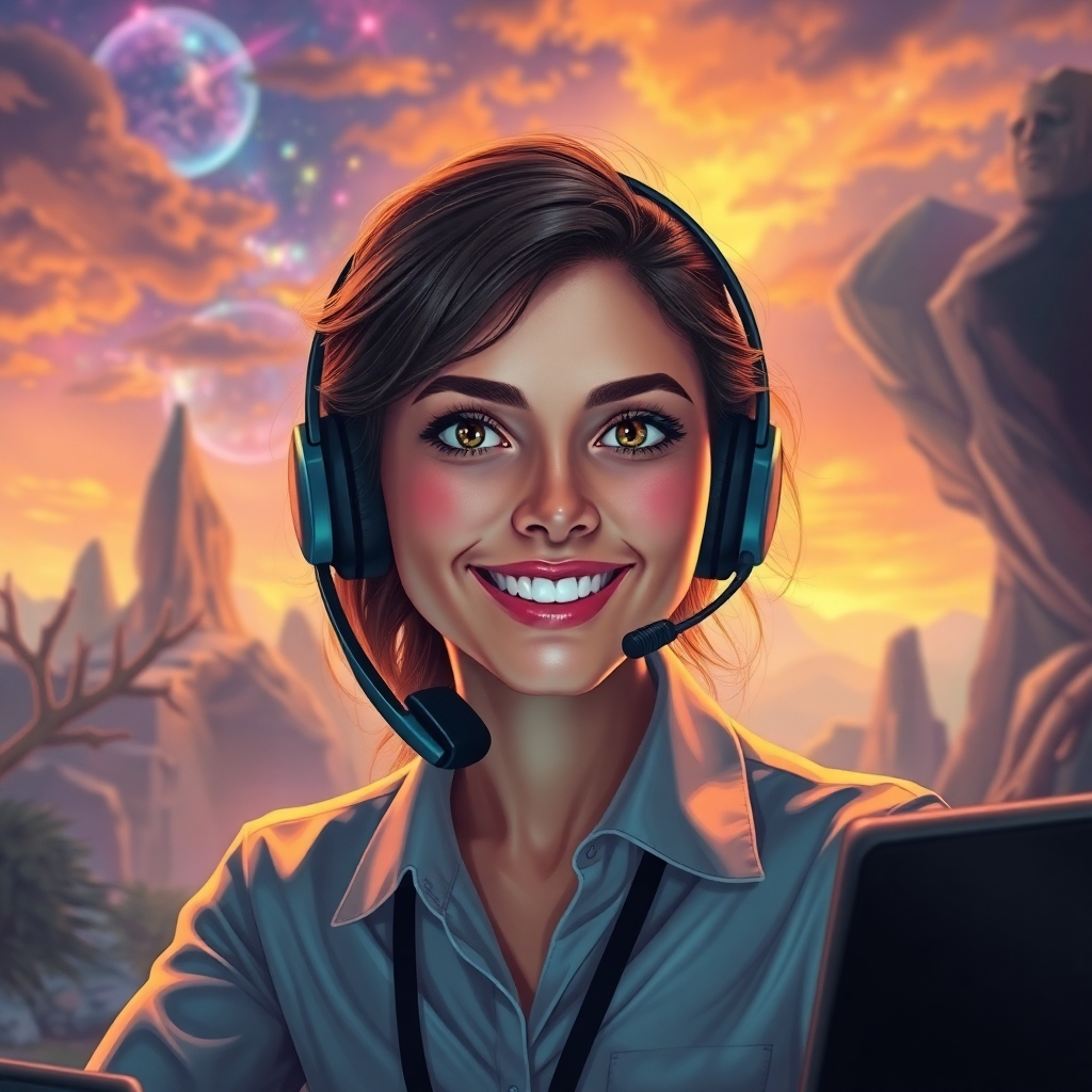 A photorealistic image of a friendly, reassuring phone operator wearing a headset, with a subtle background showcasing a calm and supportive atmosphere. The image should evoke a feeling of trust and care.