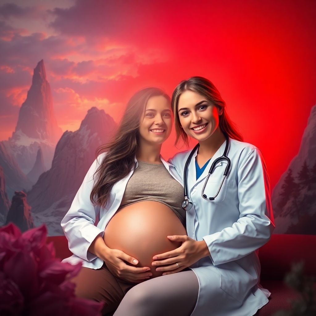 A photorealistic image of a doctor or midwife on a video call with a pregnant woman, both smiling warmly. The background should be slightly blurred, highlighting the connection between them. Use soft, natural lighting.