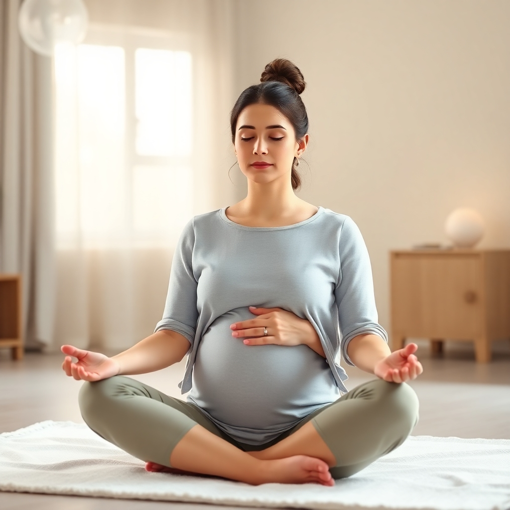 Produce a high-quality photorealistic 4K image of a woman using a breathing technique during labor. Focus on her calm expression and the gentle movement of her body.  The setting should be peaceful and serene, such as a softly lit room with warm lighting. The color palette should be relaxing and harmonious, with pastel colors dominating the image. The image should evoke calmness and peace in the midst of labor.