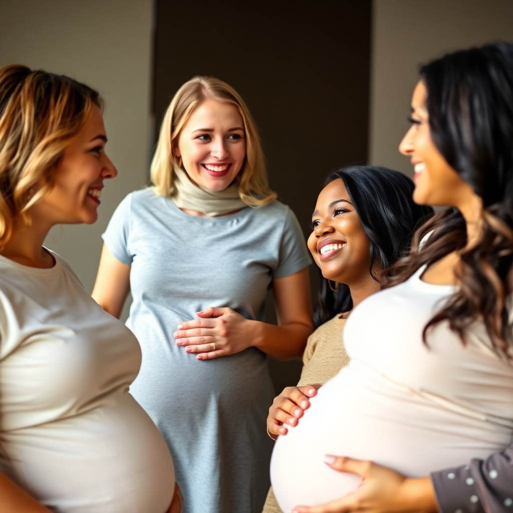 A stylized image showing a sequence of photos of a pregnant belly growing over nine months. This should be visually appealing and emphasize the journey of pregnancy. The color palette should be warm and inviting, with high-quality image resolution.  Consider a cinematic style, possibly inspired by movie posters.