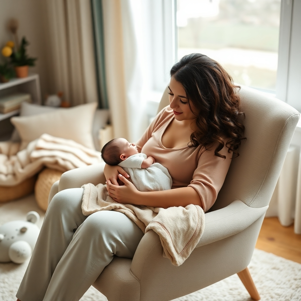 Photorealistic image, ultra-high definition, 8K resolution.  A mother, approximately one month postpartum, is gently cradling her newborn baby in a soft, comfortable armchair near a large window, with soft diffused lighting. Color palette: warm, comforting tones of creams, soft blues and greens.  The mother is wearing a comfortable nursing top and soft pants. The baby is swaddled in a light-colored blanket. The room is cozy and inviting with a soft rug and calming decor. The background could include a few carefully placed toys and soft cushions.  Camera angle: slightly low, from the mother's perspective, creating a feeling of warmth and connection. Style reference:  similar to the work of  newborn photographers such as Anne Geddes.  The image should focus on the intimate bond between mother and child.  Fine details should highlight the softness of the baby's skin and the texture of the blankets.  There should be a subtle halo effect around the mother and baby, enhancing the mood of tenderness and love. The scene should emphasize a sense of calmness and healing.
