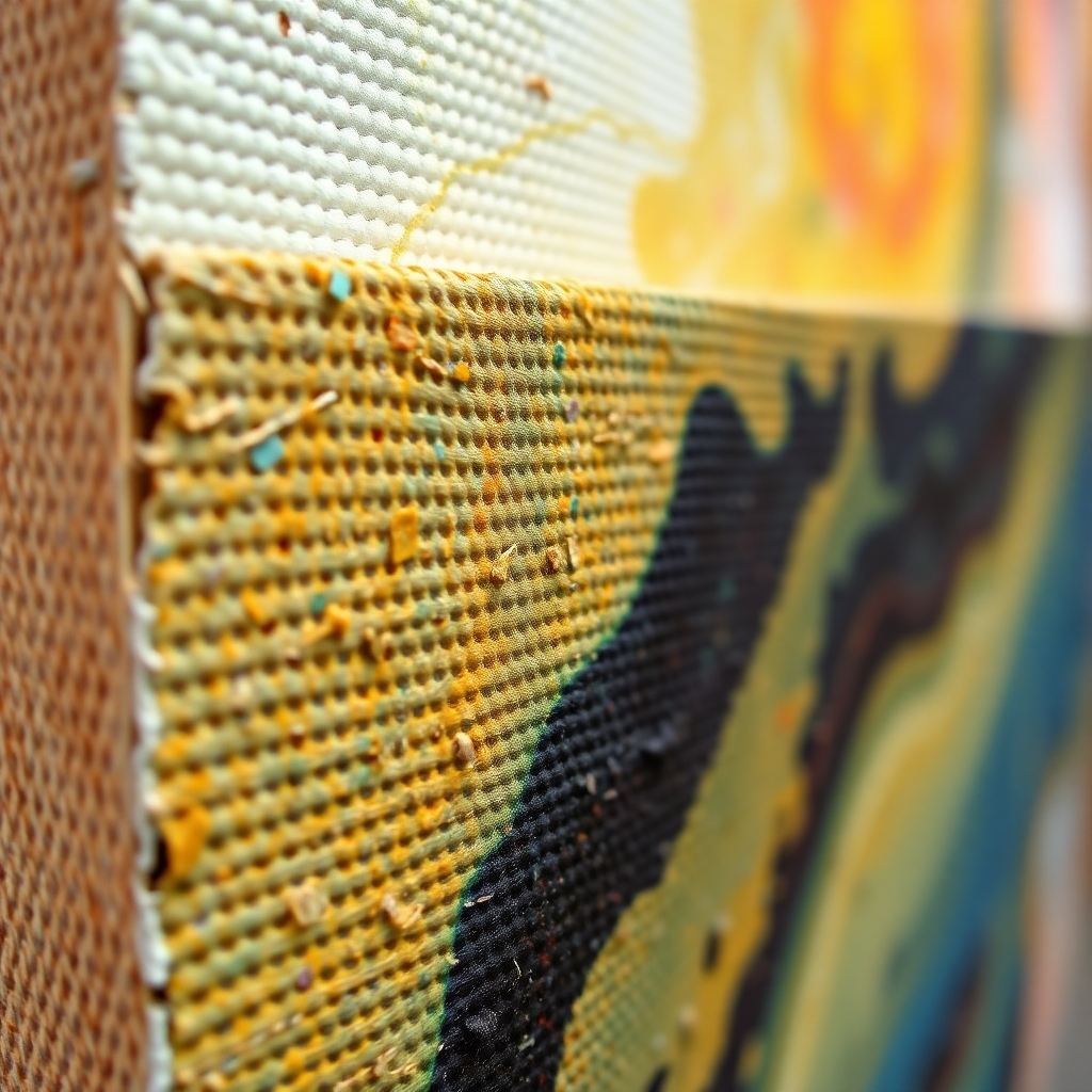 A 4K close-up image showcasing the texture and detail of a high-quality wall art print. Focus on the canvas grain, color vibrancy, and print resolution. The lighting should highlight the fine details and textures of the artwork.