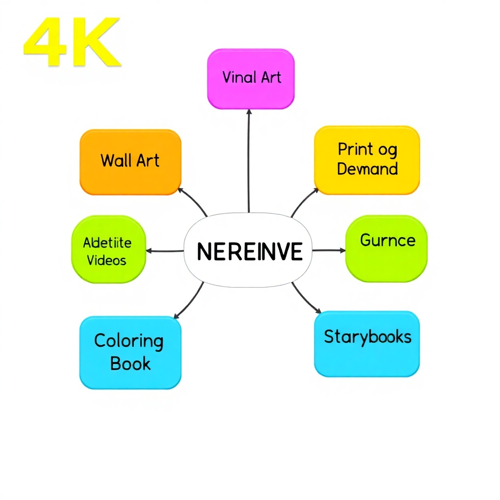 A 4K image depicting a mind map with various interconnected nodes representing different revenue streams: 'Wall Art,' 'Print on Demand,' 'Advertising Videos,' 'Coloring Books,' and 'Storybooks.' The mind map is brightly colored and visually engaging, conveying a sense of interconnected opportunities.