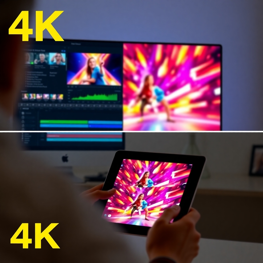 A 4K image featuring a split-screen. One side displays a vibrant and dynamic advertising video being edited, while the other side shows the finished video playing on a tablet, captivating a viewer. The image focuses on showcasing the process and impact of creating engaging video content.
