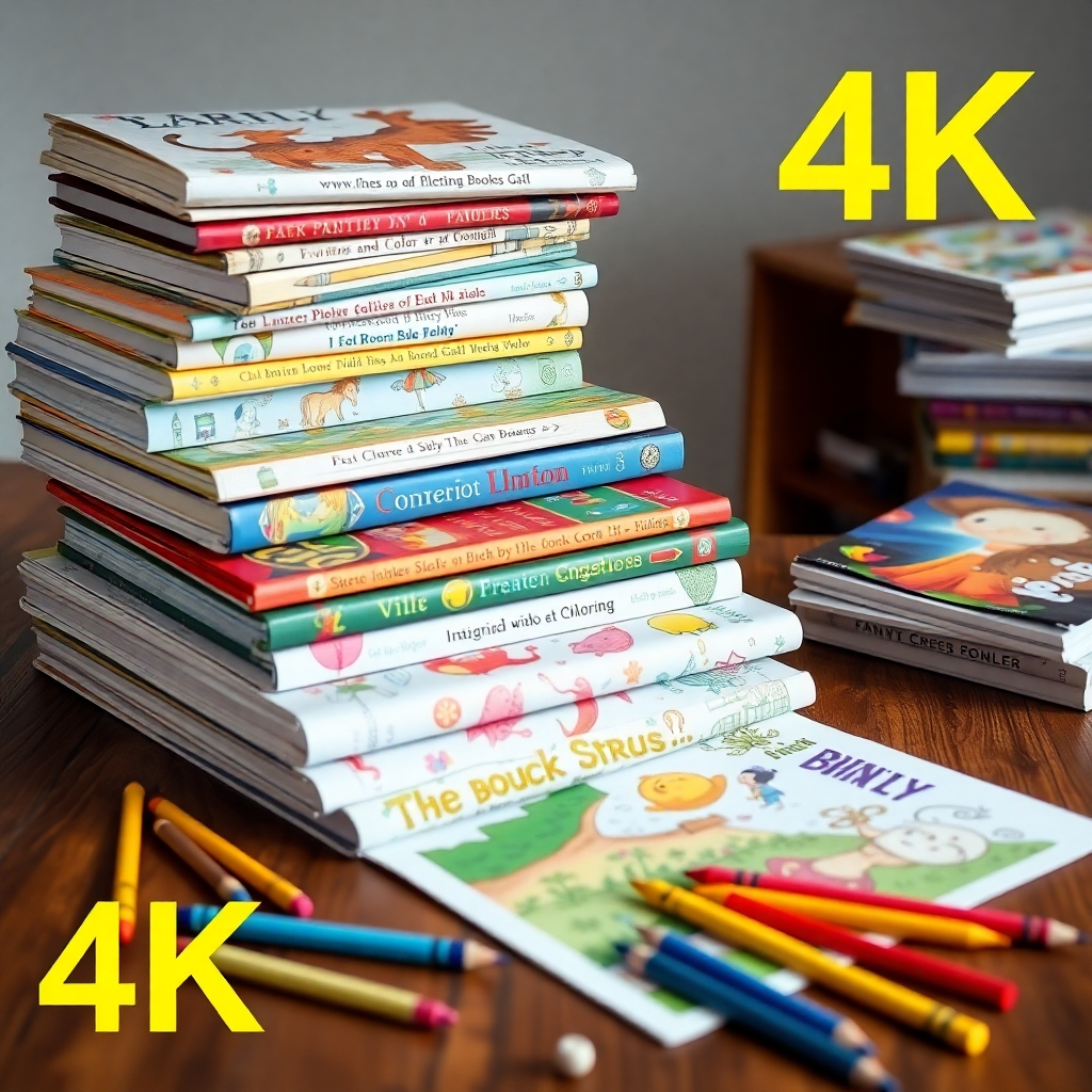 A 4K image featuring a stack of beautifully illustrated coloring books and children's storybooks. The books are arranged on a wooden table with scattered colored pencils and crayons. The scene evokes a sense of creativity and imagination.