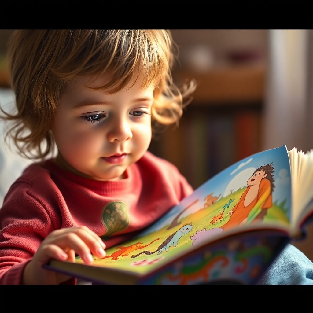 A 4K image of a child reading a vividly illustrated storybook. The child's face is filled with wonder and excitement as they immerse themselves in the story. The lighting is soft and warm, creating a cozy and inviting atmosphere.