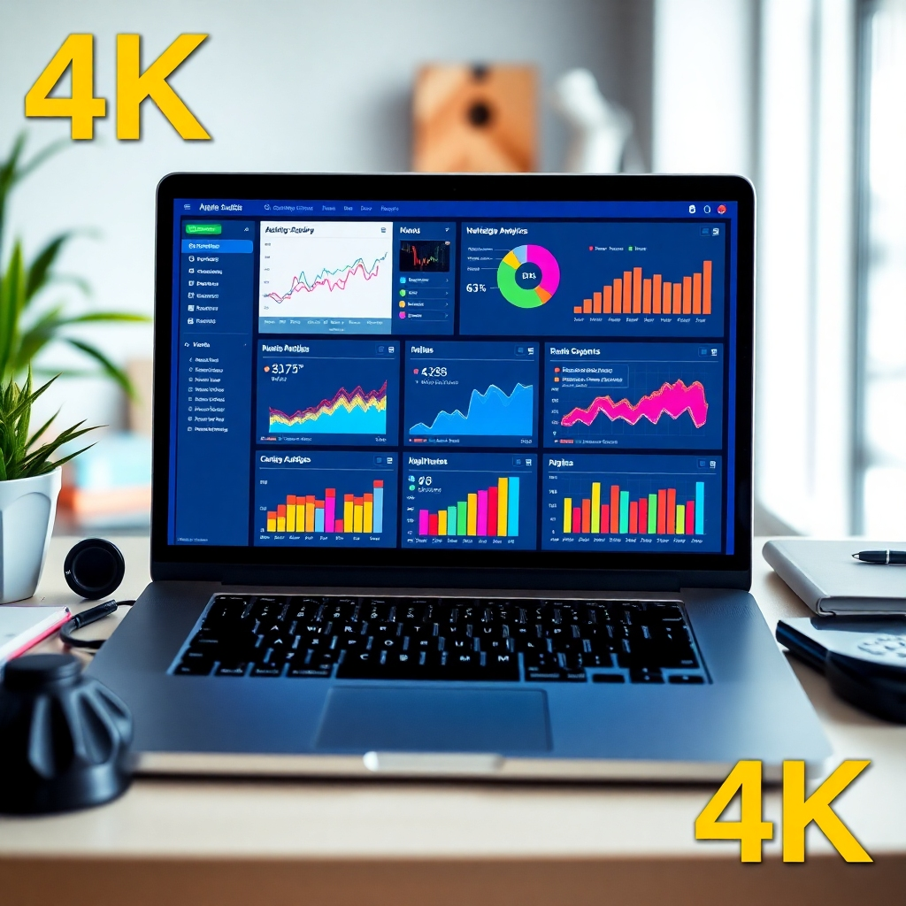 A 4K image showcasing a creative workspace with a laptop displaying social media analytics dashboards. Colorful charts and graphs represent marketing campaign performance. The setting is bright and modern, conveying a sense of data-driven creativity.