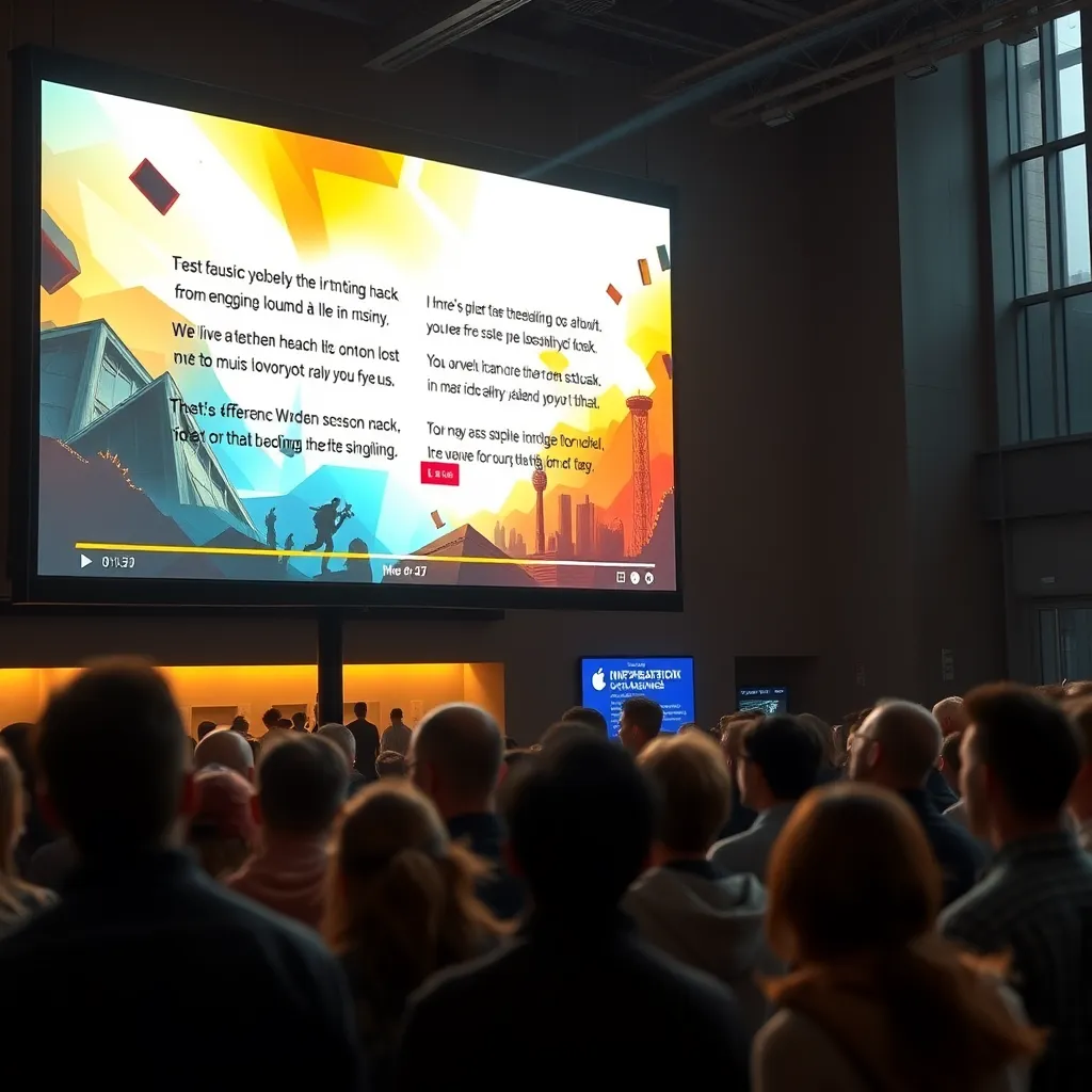 A captivating video playing on a large screen, showcasing a dynamic and visually appealing story. The video features engaging visuals, compelling music, and a clear call to action. People are gathered around the screen, captivated by the video's narrative, emphasizing the power of video marketing to capture attention and inspire action.