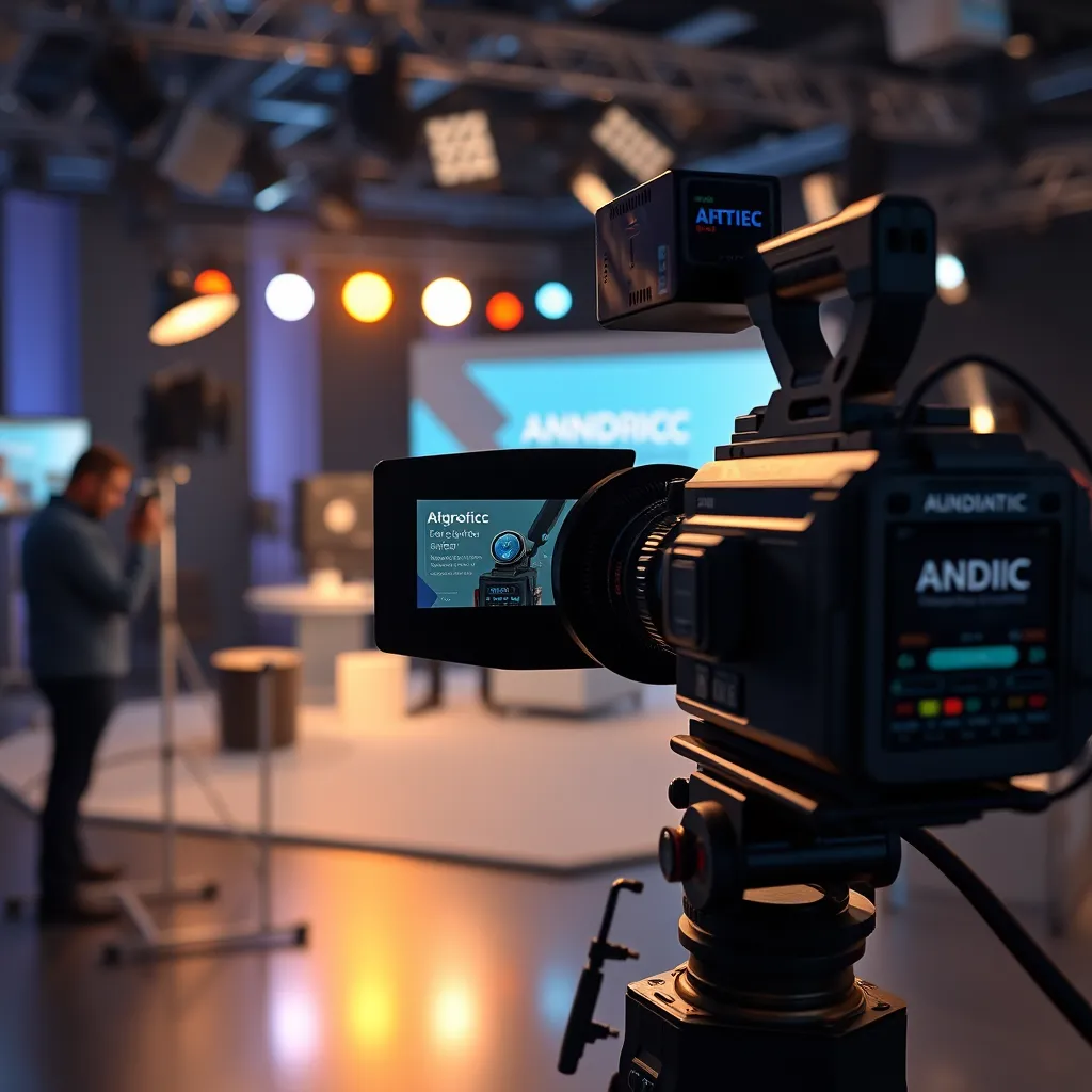 A cinematic shot of a high-quality video production set. The scene features a professional film crew capturing footage of a product demonstration. The camera focuses on the product, showcasing its features and benefits in a clear and engaging manner. The background includes a stylized studio backdrop with dynamic lighting effects, creating a professional and captivating atmosphere. Render in 8K resolution with a cinematic depth of field, focusing on the product and its features while blurring the background.