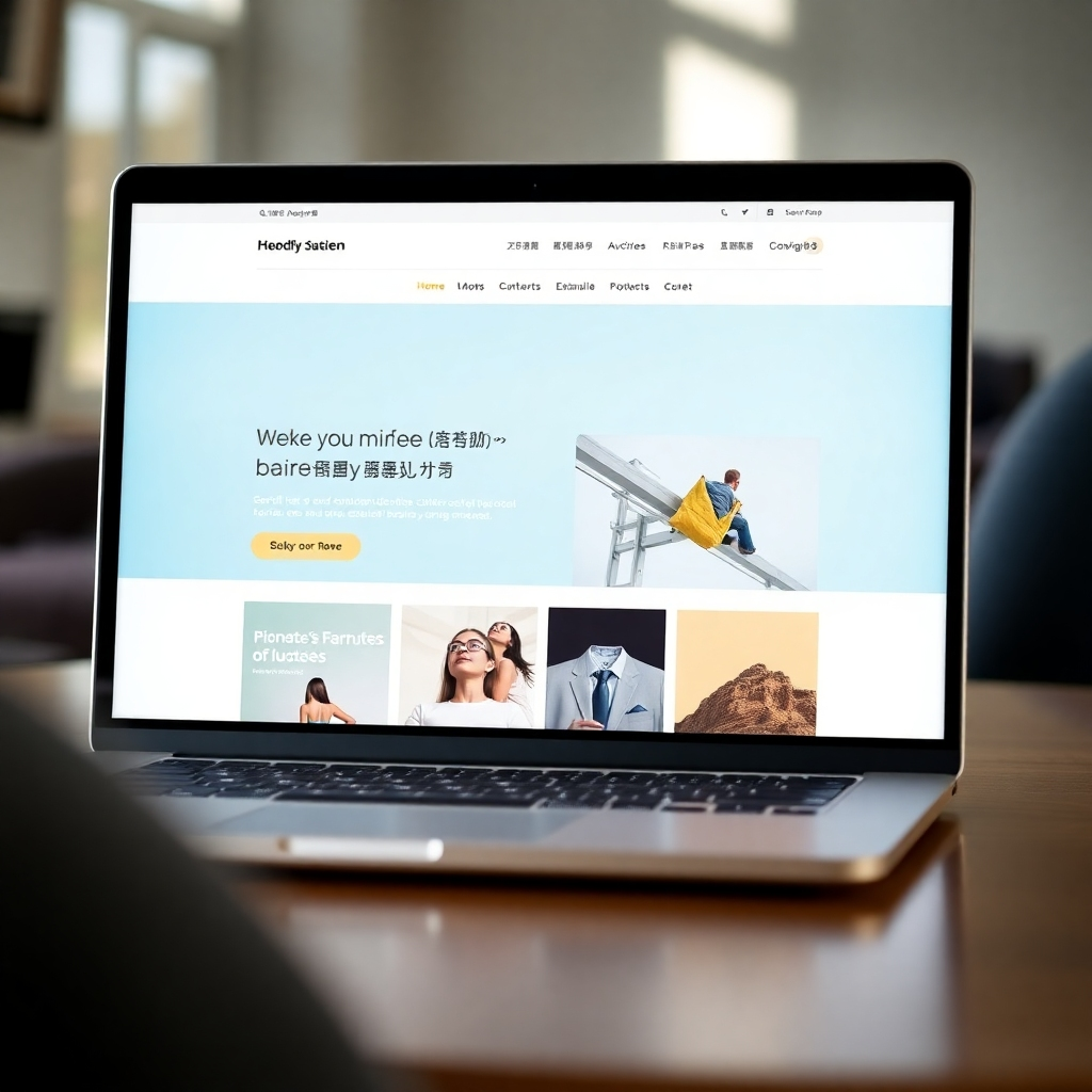 A clean, modern website design showcased on a laptop screen. The website features a minimalist layout with a vibrant color scheme and high-quality images. The background is blurred, drawing focus to the website itself. The lighting is soft and natural, emphasizing the user-friendly design.