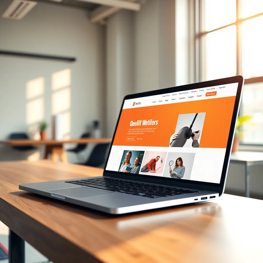 A close-up shot of a modern, minimalist website design on a sleek laptop screen. The website features a clean layout, vibrant color scheme, and high-quality images.  The laptop is positioned on a sleek wooden desk in a well-lit modern office space. The scene is bathed in warm, natural light streaming through a large window. Focus on the website design, with the laptop and surrounding environment providing a professional, inviting backdrop. Render in 8K resolution with photorealistic detail, emphasizing the smooth transitions and interactive elements of the website.
