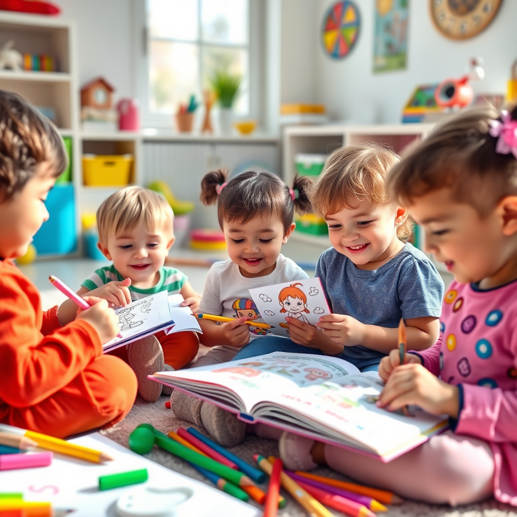 A colorful and playful scene featuring a group of children happily engaged in various creative activities: drawing in coloring books, reading a storybook, and watching a doodle video. The lighting should be bright and cheerful. The environment is a sunny playroom filled with toys and art supplies. 4k resolution.
