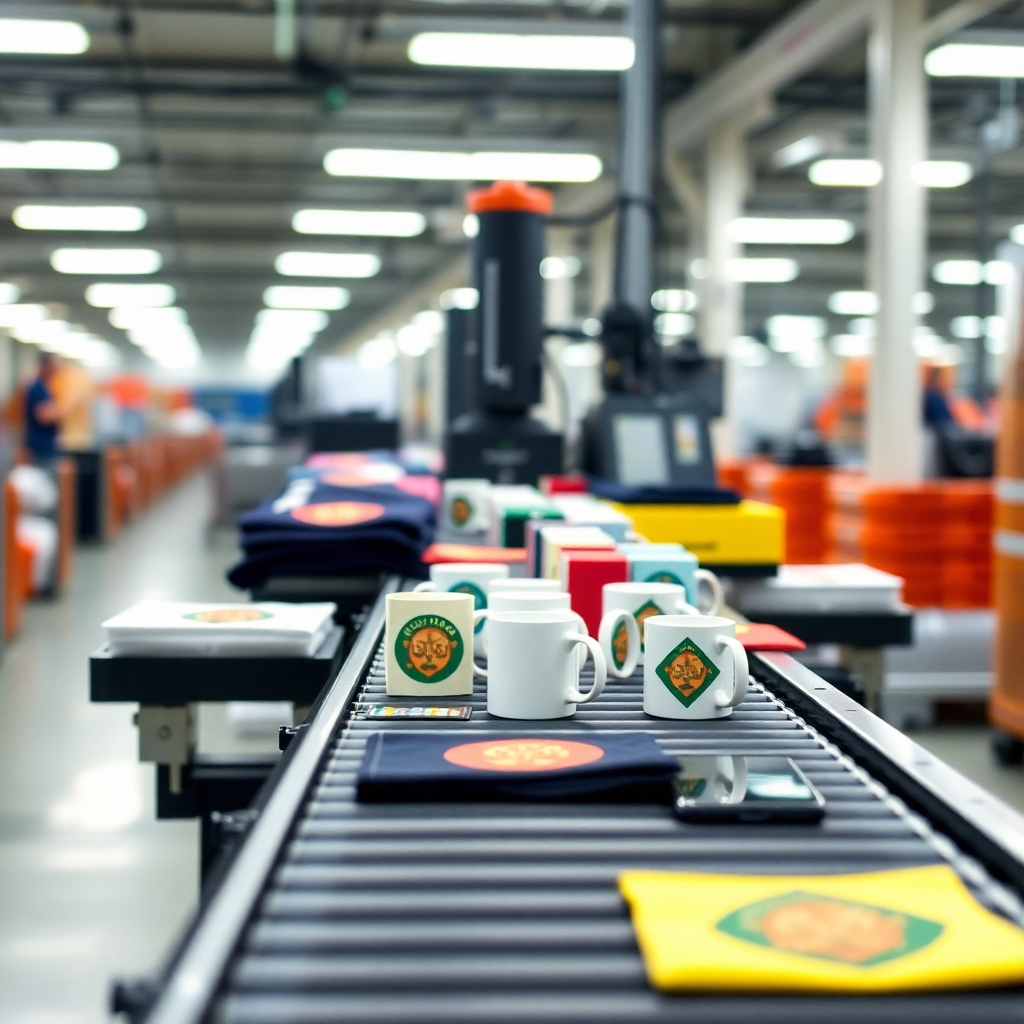 A conveyor belt in a brightly lit print-on-demand facility. Various products, such as t-shirts, mugs, and phone cases, move along the belt, showcasing the printing and fulfillment process. Focus on the efficiency and automation.