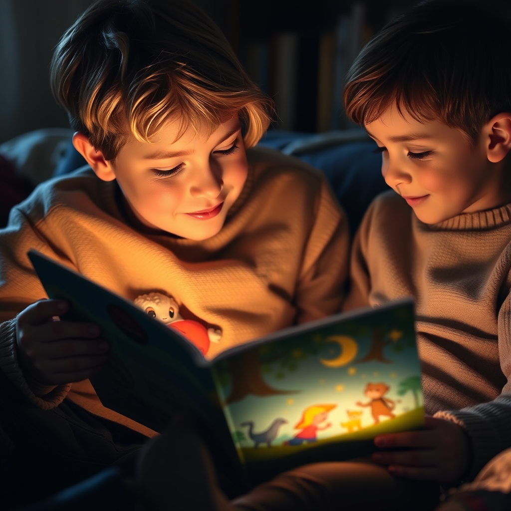 A cozy scene of a parent reading a vividly illustrated children's book to their child. The lighting is warm and inviting, creating a sense of wonder and imagination.