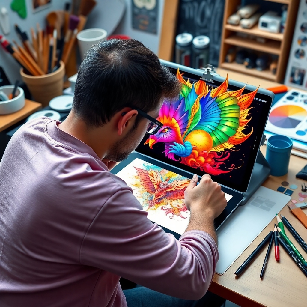A digital artist working on a detailed piece of digital art on a tablet. The artwork is vibrant and visually striking, designed to be printed as wall art. The background includes art supplies and design tools.
