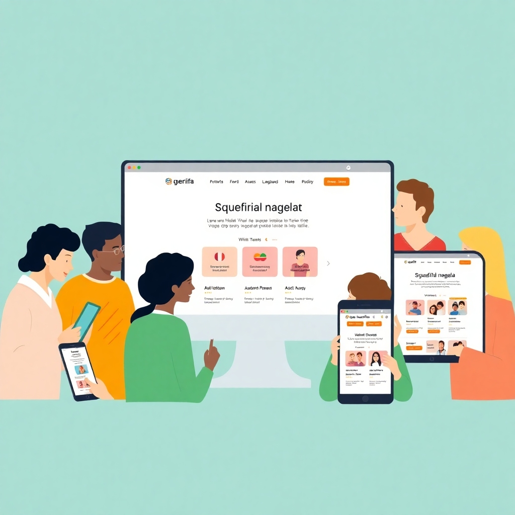 A diverse group of people from different cultural backgrounds interacting with a single-page website interface on various devices. The interface adapts to each user's language and cultural preferences. The color palette is harmonious and inclusive, representing global unity.