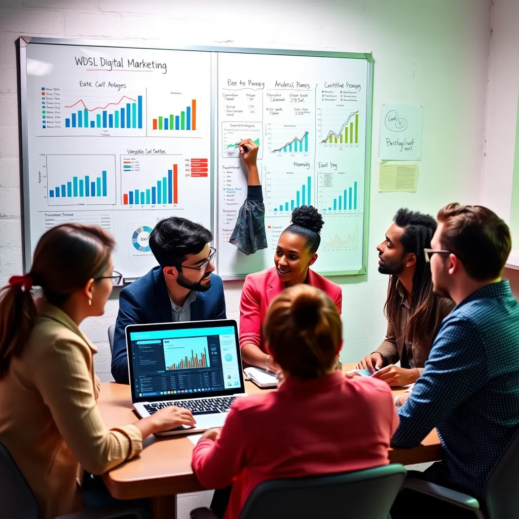 A dynamic composition showcasing a team of diverse professionals collaborating on a digital marketing strategy. The scene includes a whiteboard covered in charts and graphs, a laptop displaying analytics dashboards, and a team member presenting ideas to the group. The atmosphere is energetic and collaborative, with a focus on data-driven insights. Render in 8K resolution with a vibrant, energetic color palette. Capture the excitement and dynamism of a successful digital marketing campaign.