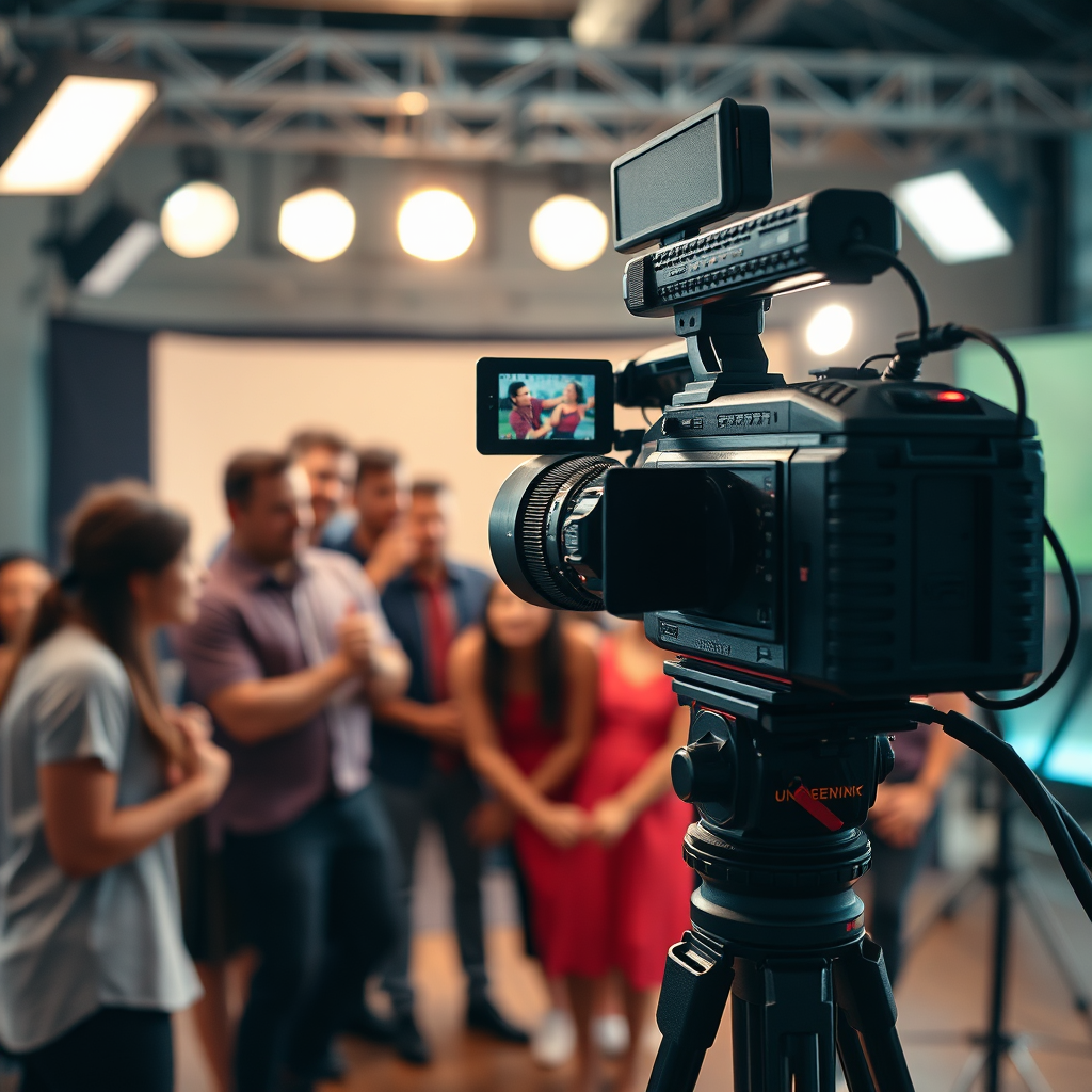A dynamic image of a video camera capturing a scene with a diverse group of actors. The lighting is professional, the set design is modern. Focus is on the action and the technology used.