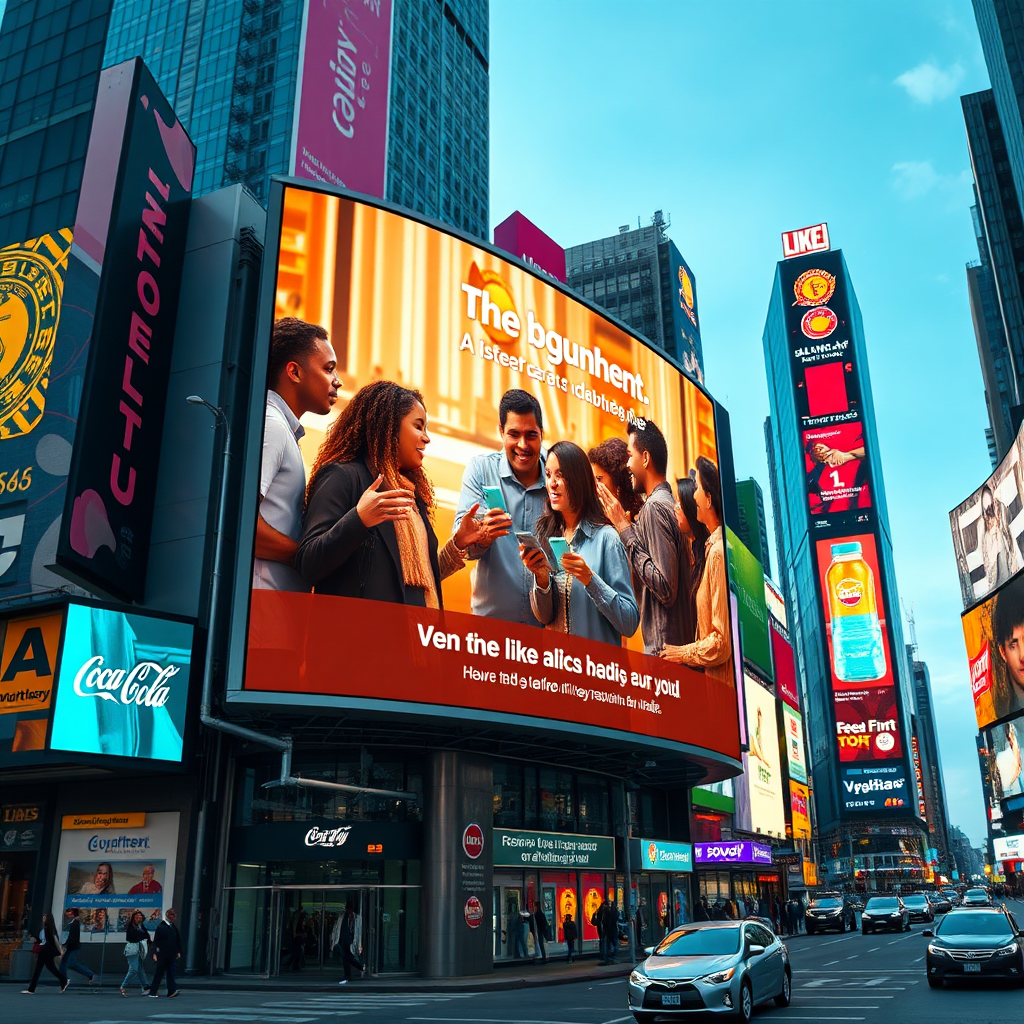 A dynamic, photorealistic image of a billboard in Times Square displaying a captivating Aimgalaxy-created video ad. The ad features a diverse group of people interacting with a product, with bright, engaging visuals and clear call to action. The lighting should be vibrant and eye-catching. Camera angle: a slightly low angle to emphasize the size and impact of the billboard. 4k resolution.