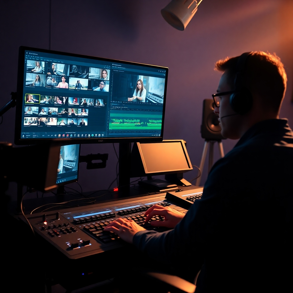 A dynamic scene showing a video editor working on a complex project. The screen displays a timeline with multiple video and audio tracks. The editor is focused and engaged, surrounded by professional editing equipment. The lighting is dramatic, highlighting the creative process.