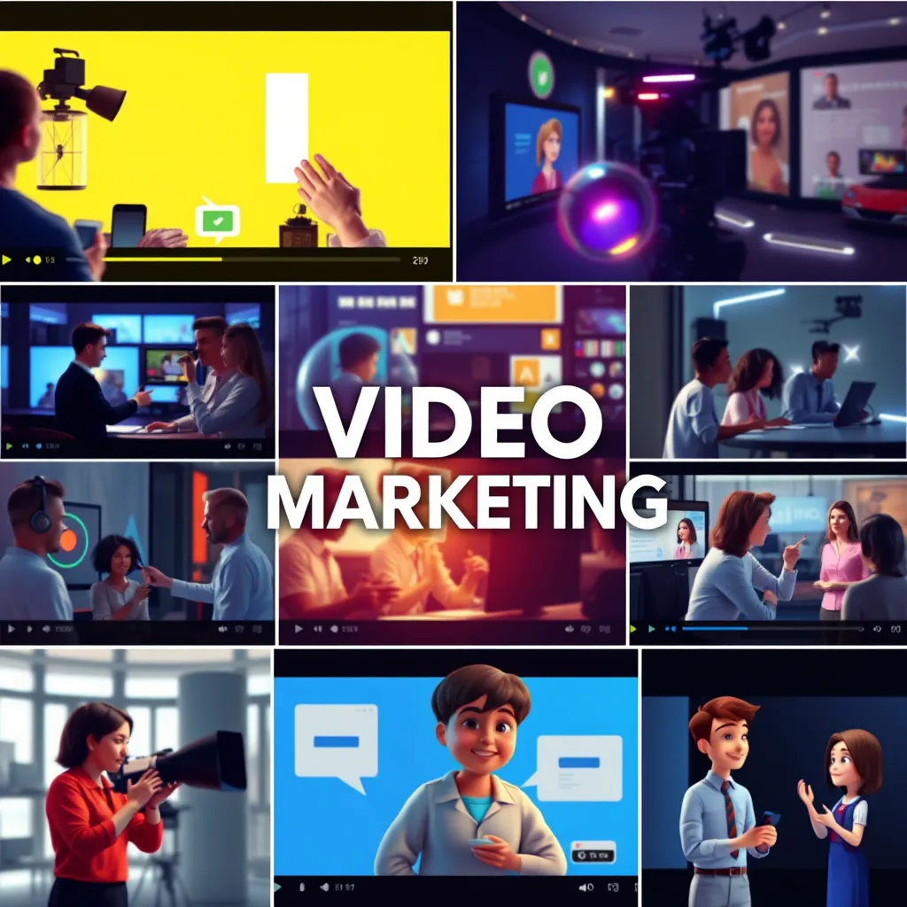 A dynamic video montage showcasing various video marketing formats: product demonstrations, behind-the-scenes glimpses, customer testimonials, and animated explainer videos. The image should be vibrant and visually appealing, emphasizing the diverse applications of video marketing.