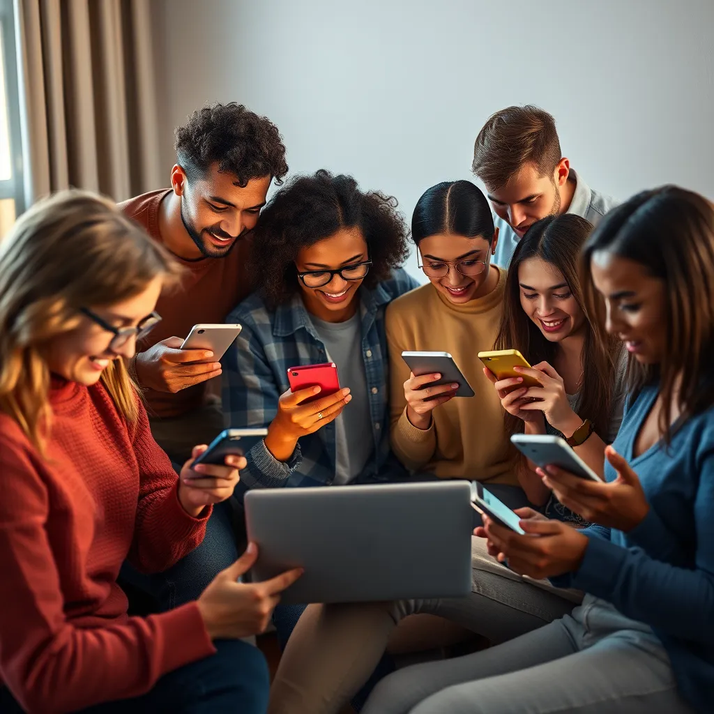 A group of diverse people interacting with various digital devices, including smartphones, laptops, and tablets. They are engaging with content on social media platforms, online advertising, and email marketing. The image portrays a sense of community and connectivity, highlighting the role of digital marketing in reaching a wider audience.