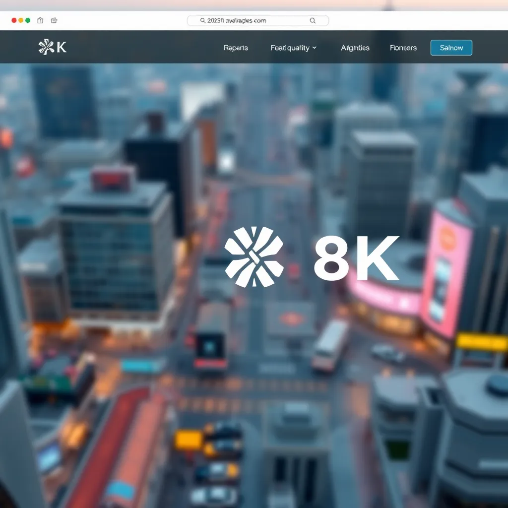 A modern, minimalist website with a sleek design, showcasing high-quality visuals and user-friendly navigation. The background is a blurred image of a bustling city, symbolizing the dynamic nature of the online world. The website's logo is prominently displayed, radiating professionalism and innovation.