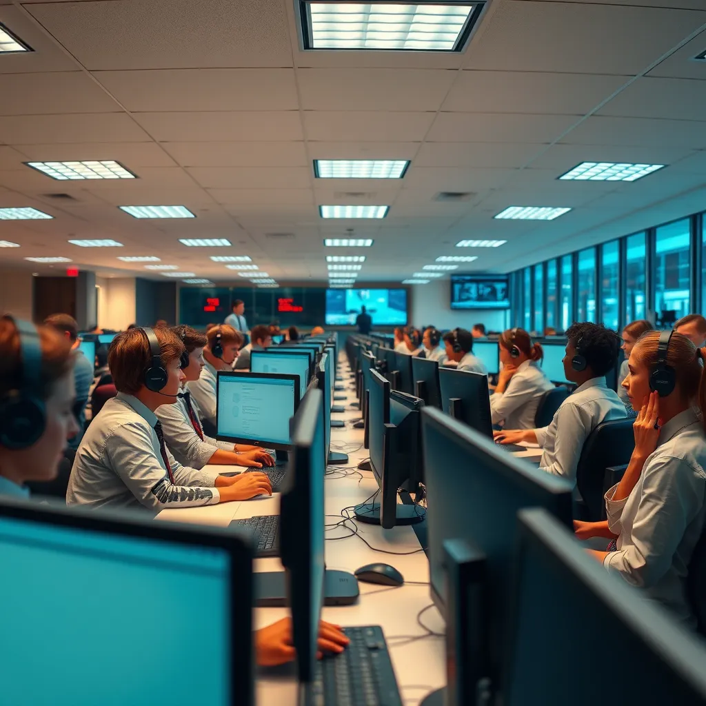 A panoramic view of a busy call center with agents using headsets and computers to engage in multiple chat conversations. The image emphasizes a smooth workflow, clear organization, and efficient communication.