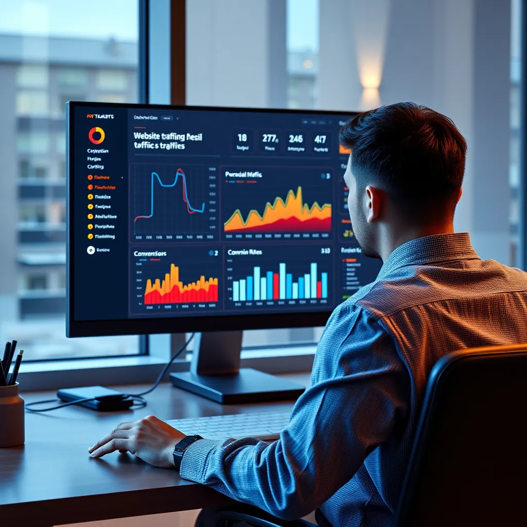 A person sitting at a desk looking at a computer screen showing a dashboard with graphs and charts representing website traffic, social media engagement, and conversion rates. The image should be bright and modern, highlighting the data-driven nature of digital marketing.