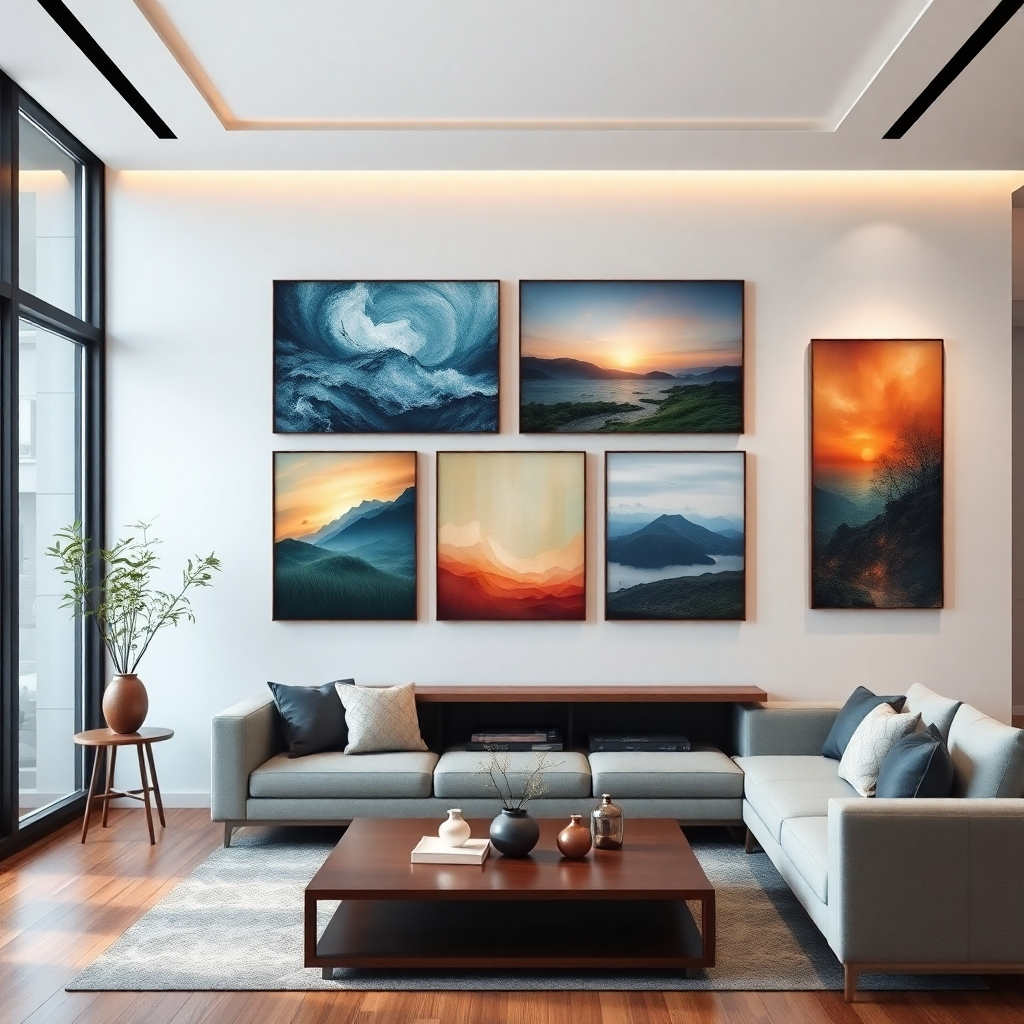 A photorealistic 4K image of a modern living room with various pieces of digital wall art displayed. The art pieces range in style from abstract to landscape, showcasing diversity. Focus on the ambient lighting and how it interacts with each canvas, highlighting textures and color gradients. The scene should convey a sense of sophistication and artistic appreciation.