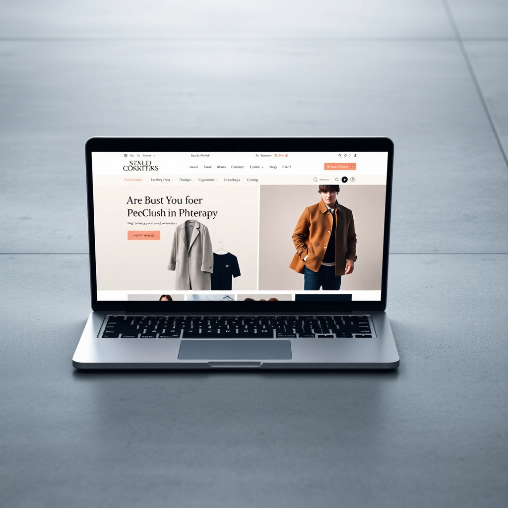 A photorealistic, ultra-high definition (8K) image depicting a modern e-commerce website displayed on a sleek, silver MacBook Pro.  The website showcases high-quality product photography of stylish clothing items, with a clean, minimalist design. Soft, diffused lighting illuminates the scene, creating a calm and inviting atmosphere. The color palette is sophisticated, featuring muted pastels and elegant greys, with pops of accent color from the clothing. The camera angle is slightly elevated, looking down at the open laptop from a three-quarter perspective.  The background is a subtly textured, light grey concrete surface.  Fine details, like the reflection of the website on the screen and the texture of the aluminum laptop case, are hyperrealistic. The overall mood is professional, clean and modern. The style is reminiscent of the work of Annie Leibovitz, focusing on crisp details and natural lighting. The image should convey trust, elegance, and user-friendly design.