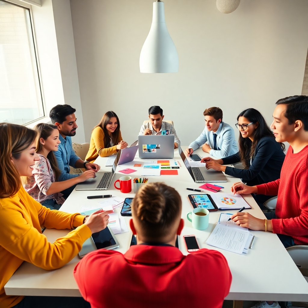 A photorealistic, ultra-high definition (8K) image depicting a diverse team of young, creative professionals collaborating around a large table in a modern, bright office space. Soft, diffused lighting illuminates the scene, casting a warm and inviting atmosphere. The color palette is vibrant and energetic, with pops of brand colors subtly incorporated throughout the scene.  The table is cluttered with laptops, smartphones, tablets, notebooks filled with colorful notes and sketches, and steaming coffee cups.  Visible on the screens are various social media platforms (Instagram, Facebook, TikTok, X) displaying engaging content. The camera angle is slightly elevated, providing an overview of the scene, highlighting the collaborative nature of their work. Textures include the smooth surfaces of the tech devices, the rough texture of the notebook paper, and the soft fabric of the clothing. The background features minimalist design elements that complement the overall aesthetic and reflect a modern agency vibe.  In the style of Annie Leibovitz, focusing on capturing the dynamism and energy of a thriving team, emphasizing natural expressions, and paying close attention to realistic details and textures.  The image should exude a sense of creativity, innovation, and collaborative spirit, showcasing the brand's dynamic approach to social media marketing. The overall mood should be optimistic, energetic, and professional, showcasing the success and creativity of the team