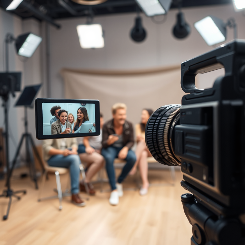 A photorealistic close-up shot of a high-end camera filming a scene for a video ad. The scene depicts a diverse group of people laughing and enjoying a product. The lighting should be professional and cinematic. The background is a well-equipped studio set. 4k resolution.