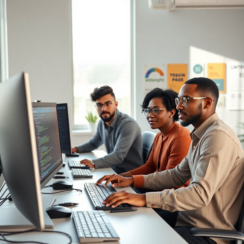 A photorealistic image, 8K resolution, of a team of three diverse web developers collaborating on a project in a bright, modern office. The developers are using multiple monitors displaying lines of code, design mockups, and performance analytics.  Soft, natural lighting streams in from large windows. The color palette is calming and professional, with subtle earth tones and metallic accents.  The camera angle is from a slightly elevated position, capturing the team's collaborative dynamic and attention to detail. The textures of the desks, keyboards, and monitors should be hyperrealistic.   In the background, there's a wall with a sleek, modern design and motivational posters.  The overall mood is one of calm efficiency and teamwork. The image style should emulate the precision and detail of industrial photography, showcasing the tools and processes involved in maintaining a website. The developers look focused and professional.
