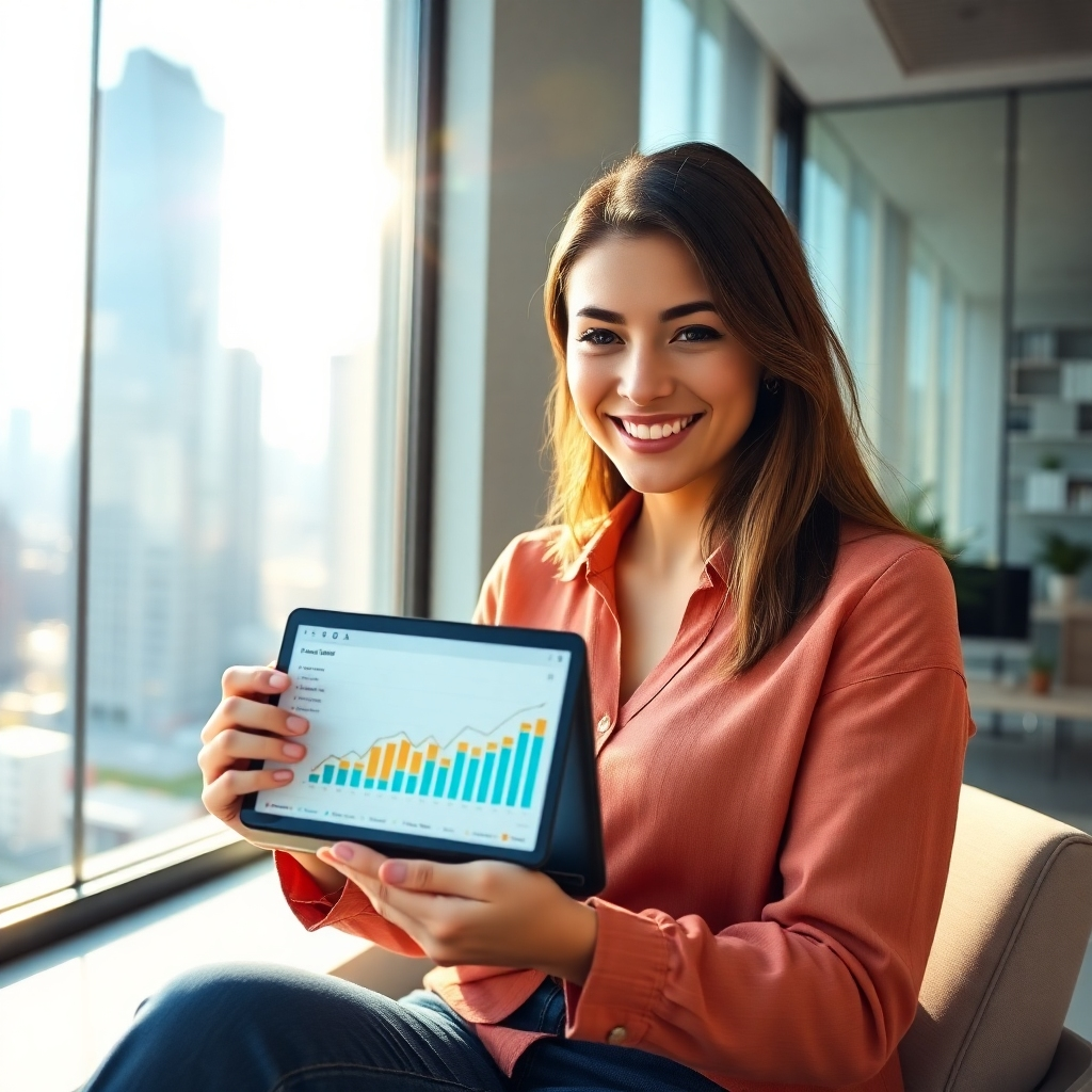 A photorealistic image, rendered in 8K resolution, showing a young, professional woman smiling confidently while looking at a tablet displaying a successful PPC advertising campaign dashboard.  The scene is bathed in soft, natural light streaming through a large window, overlooking a bustling cityscape.  The color palette is bright and optimistic, with a mixture of blues and greens to convey trust and reliability, and hints of bright orange/yellow to reflect success. The camera angle is slightly high, looking down at the woman, highlighting her success. The woman is sitting in a modern, minimalist office setting with clean lines and neutral colors. The texture of her clothing is subtly textured, giving a professional yet approachable feel. The tablet shows graphs and charts demonstrating a positive growth trend.  There are subtle brand logos visible in the background to further connect the visuals to the overall service. The overall style should be reminiscent of the work of Gregory Crewdson, blending realistic details with a subtle sense of narrative and cinematic quality, focusing on highlighting the positive results, and creating a mood of confidence and achievement. The image focuses on the positive results of a well-executed PPC strategy, effectively conveying a sense of success and growth.