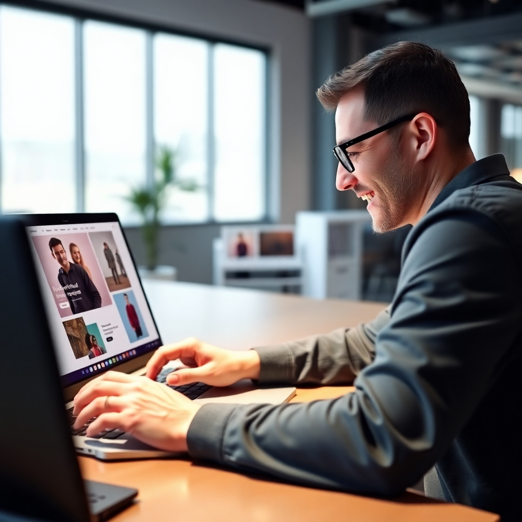 A photorealistic image depicting a user effortlessly navigating a clean, modern website interface on a sleek laptop. The website should showcase beautiful product photography and have a clear and intuitive layout.  The user's expression should be one of ease and satisfaction. The background should be a minimalistic and modern office setting, emphasizing user experience.