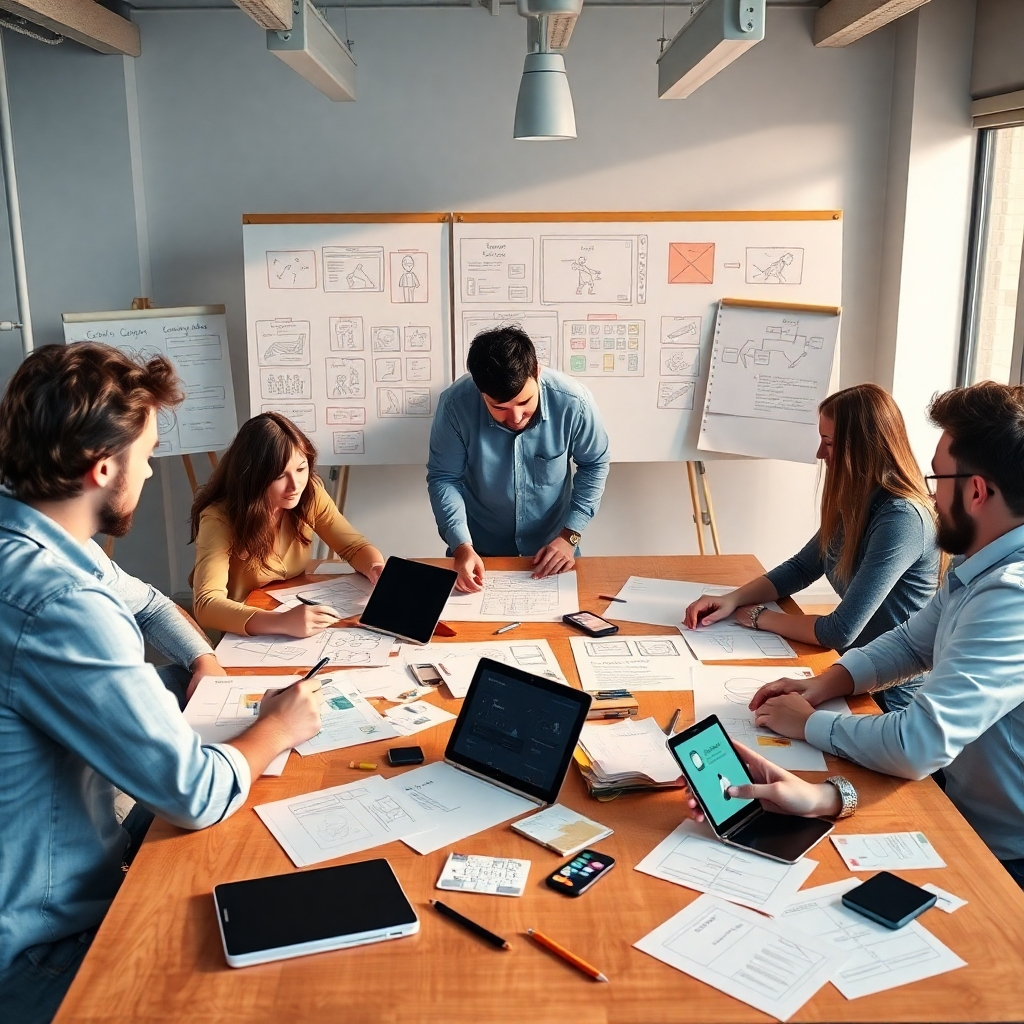 A photorealistic image depicting a team of designers and developers brainstorming around a table filled with sketches, mood boards, and digital devices, showcasing initial website concepts and wireframes. The scene should be bright and modern, with a collaborative and creative atmosphere.  Include elements representing user personas, sitemaps, and flowcharts.