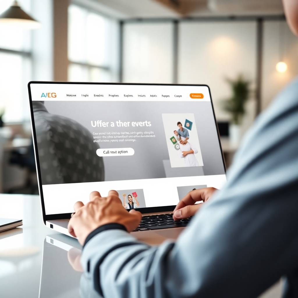A photorealistic image depicting a user effortlessly navigating a clean, modern website interface on a laptop. The website should feature clear visuals, intuitive menus, and a prominent call to action button.  The background should be a blurred, yet aesthetically pleasing, office environment.  The lighting should be soft and natural, focusing on the laptop screen.