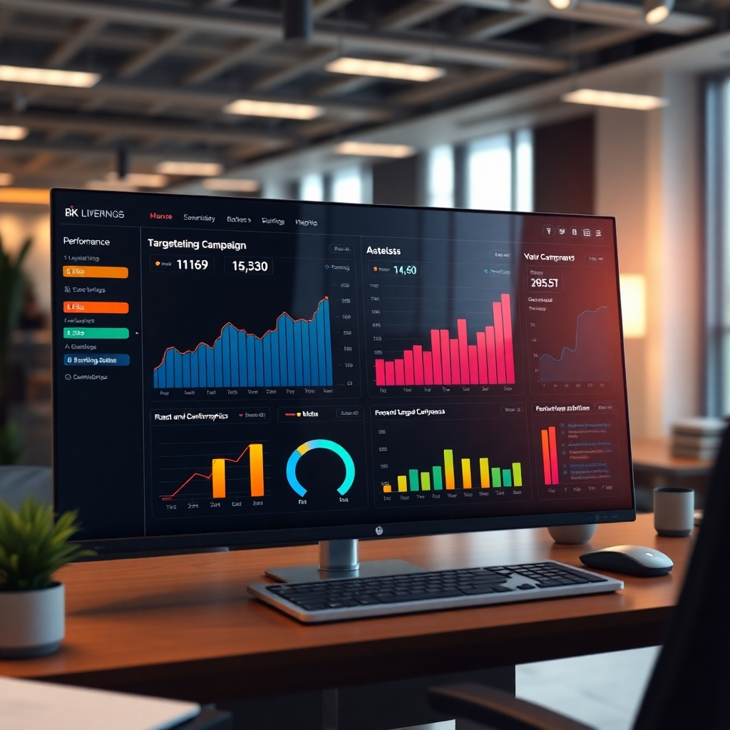 A photorealistic image depicting a sophisticated dashboard showing targeted advertising campaign performance metrics, with graphs illustrating successful reach and engagement among specific demographics. The background should subtly feature a modern office setting, emphasizing professionalism and data-driven decision-making. The overall mood should be one of success and efficiency.