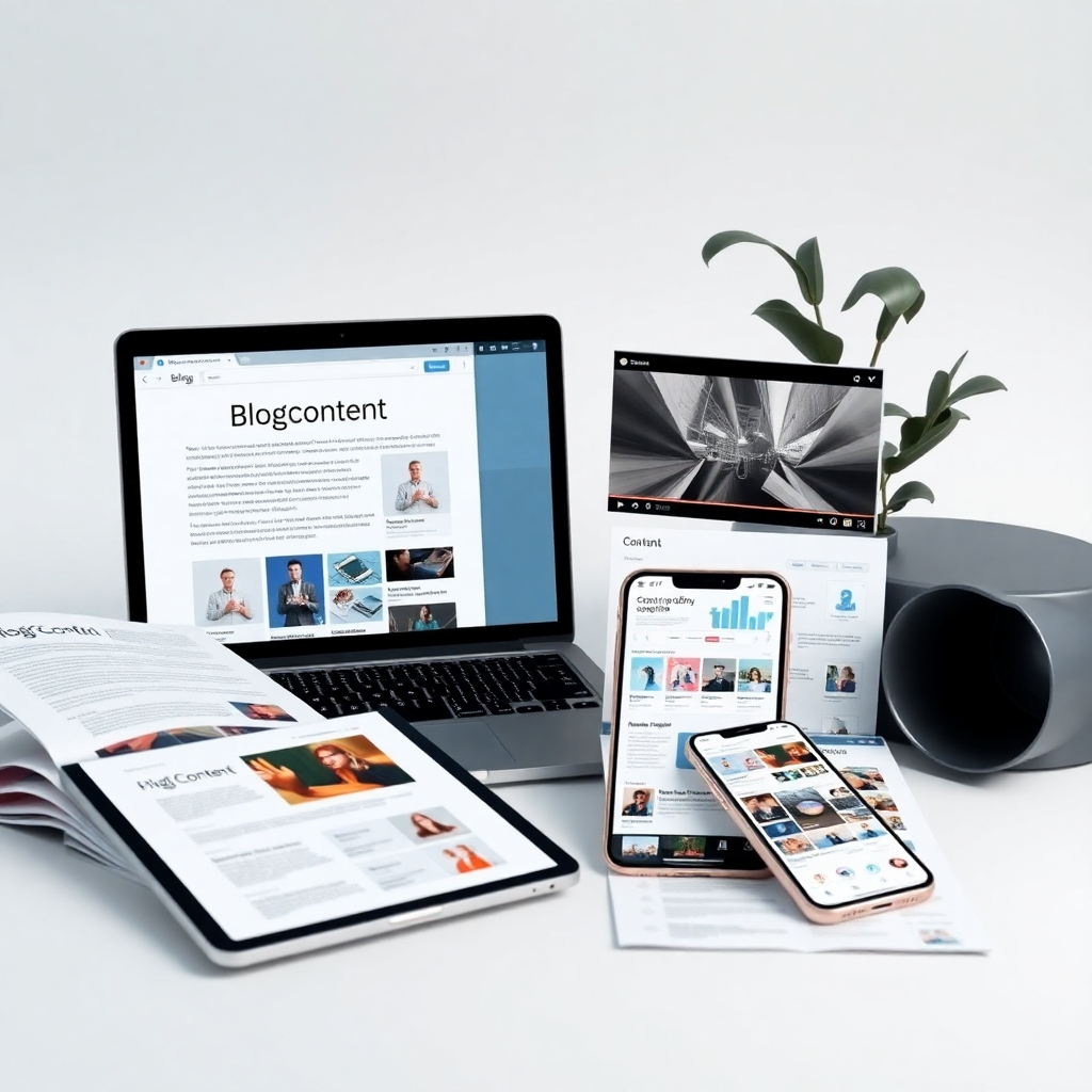 A photorealistic image depicting a variety of high-quality content formats arranged aesthetically.  Include a blog post on a laptop screen, an engaging video playing on a tablet, a visually appealing infographic printed and displayed, and several social media posts on a smartphone. The background should have a clean, minimalist design to highlight the content itself. The overall aesthetic should feel professional, modern, creative, and informative.