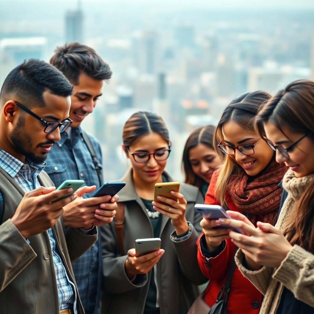 A photorealistic image depicting a diverse group of people of different ages, ethnicities, and styles, each looking at their smartphones with different apps open, representing various target audiences. The background should be a blurred city landscape, suggesting the vast reach of digital marketing.