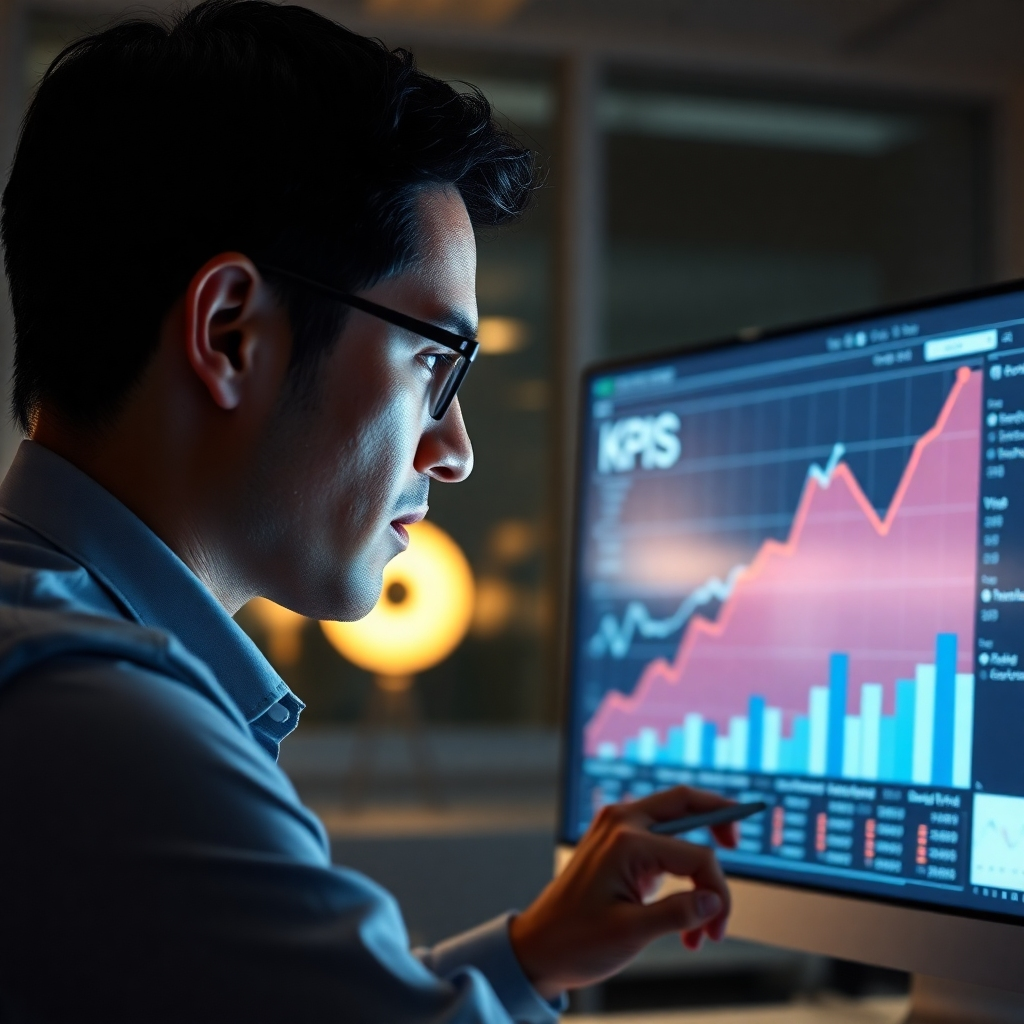A photorealistic image of a businessperson looking intently at a computer screen displaying a graph showing upward trending data. The graph should clearly show key performance indicators (KPIs) such as website traffic, conversion rates, and social media engagement. The background should be a modern office environment with subtle lighting to highlight the focus on data analysis and goal achievement. The overall mood should be one of confident progress and success.
